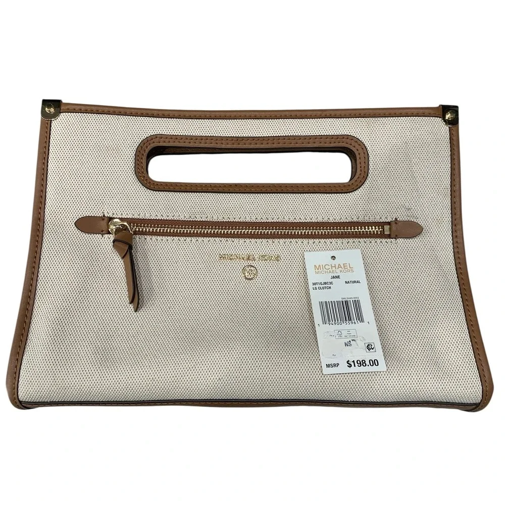 Michael Kors Jane Large Canvas Clutch Natural Leather Trim NEW 30T1GJBC3C